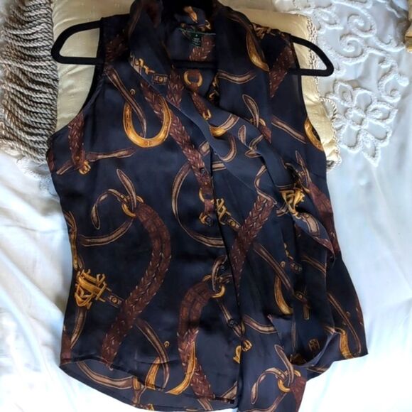 Vintage Ralph Lauren 100% Silk Equestrian Sleeveless Tie Front Blouse - Picture 6 of 12